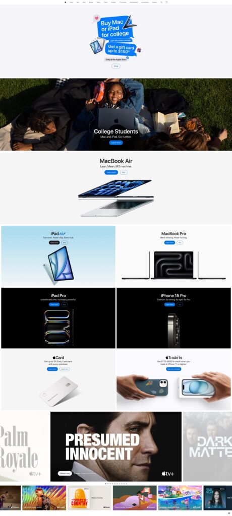 Screenshot of the Apple homepage showcasing a user-friendly design with clear navigation, logical page structure, and compelling visuals.