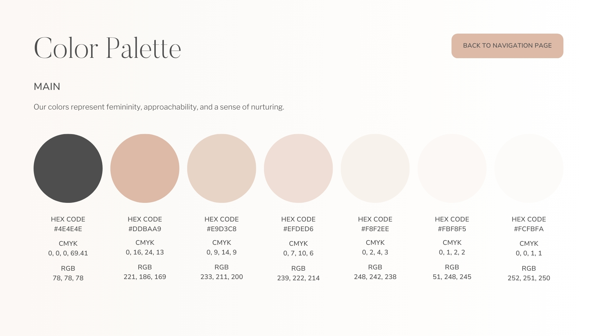 Color palette for Madison Kinnard's brand, showcasing hex codes and RGB values for primary colors representing femininity, approachability, and nurturing.