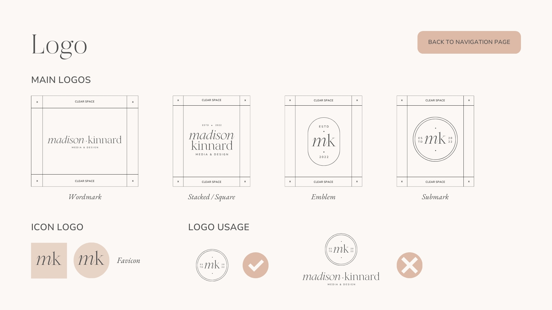 Overview of the main logos used in Madison Kinnard's brand, including wordmark, stacked/square, emblem, submark, icon logo, and favicon.