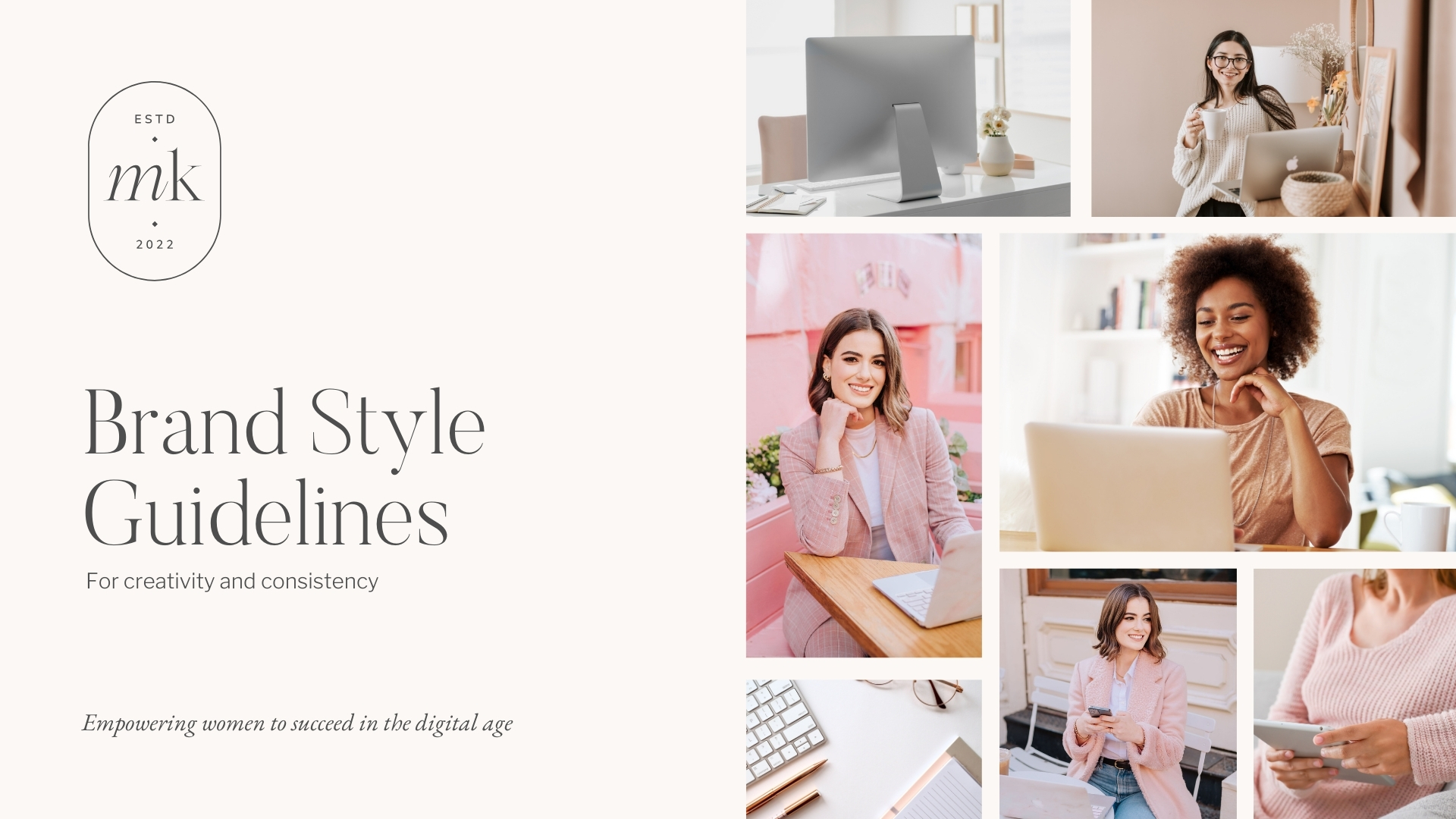 Madison Kinnard's brand style guidelines cover page featuring a collage of professional women working in digital media, showcasing the brand’s identity and mission.