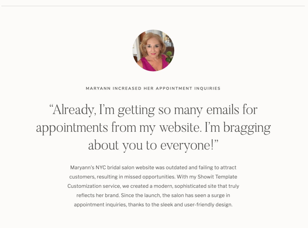 Screenshot of a client testimonial from Maryann, highlighting increased appointment inquiries after using Madison Kinnard's Showit Template Customization services.