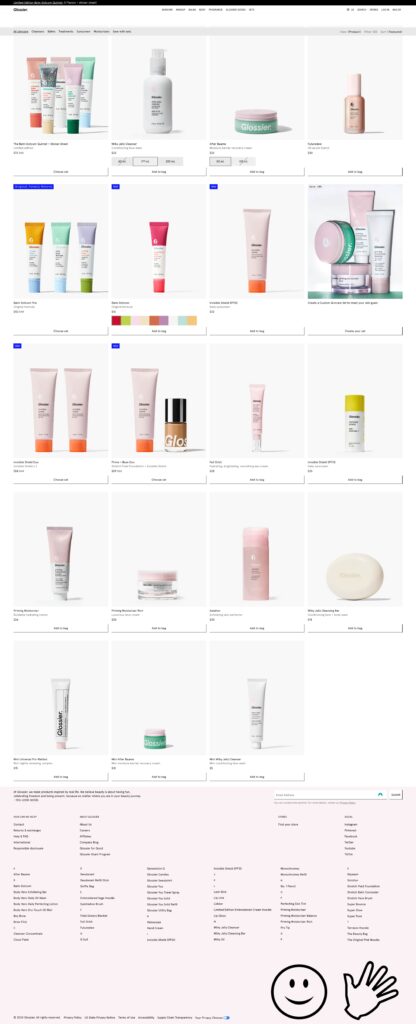 Screenshot of the Glossier Skincare Collection page showcasing high-quality images and consistent branding for various skincare products.