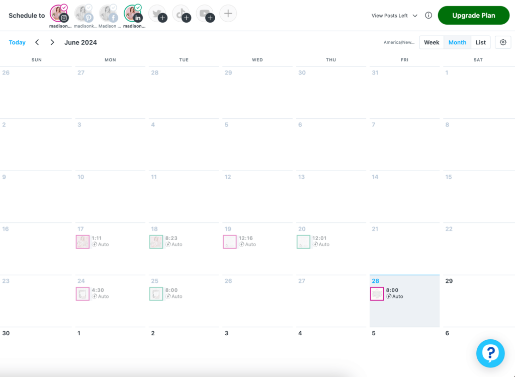 Screenshot of a Later content calendar showing scheduled social media posts for June 2024, demonstrating an organized approach to content planning and scheduling.