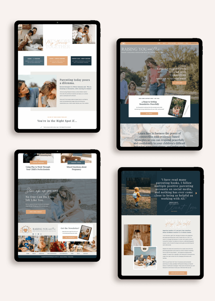 Four iPad mockups showing various sections of a clean Showit website layout for women entrepreneurs that blends psychology, design, and tech.