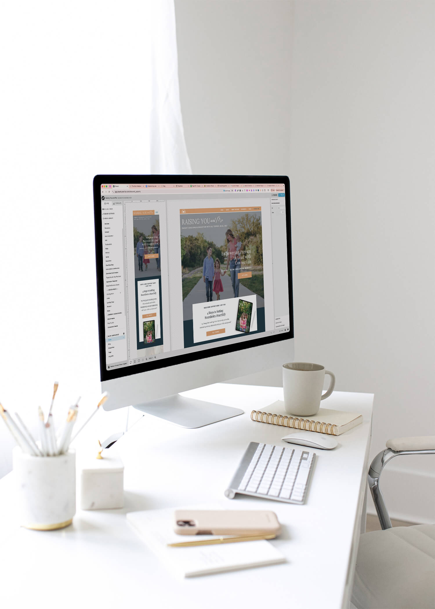 A clean, modern workspace with a coffee mug and desktop computer showing a Showit website design—capturing the fresh start of a website redesign.